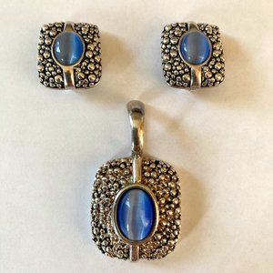 Crown Premier Designs Vintage Blue Pendant & Matching CLIP Earrings